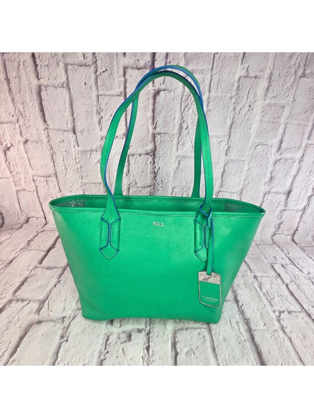 Lauren Ralph Lauren Tate Shopper Tote Bag Green Leather Pepper French Blue